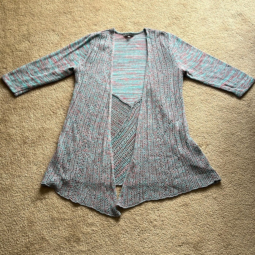 NY Collection Pink & Blue Open Knit Cardigan Three Quarter Length Sleeves